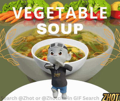 A Cartoon Character Is Standing In Front Of A Bowl Of Soup That Says Vegetable Soup GIF