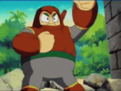 A Cartoon Character Is Standing In Front Of A Brick Wall In A Forest . GIF