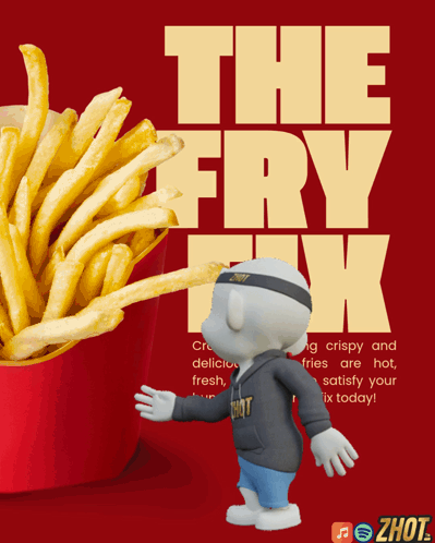 A Cartoon Character Is Standing In Front Of A Bucket Of French Fries That Says The Fry Tk GIF