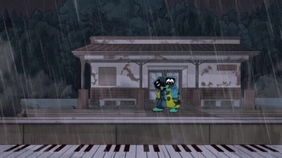 A Cartoon Character Is Standing In Front Of A Building GIF
