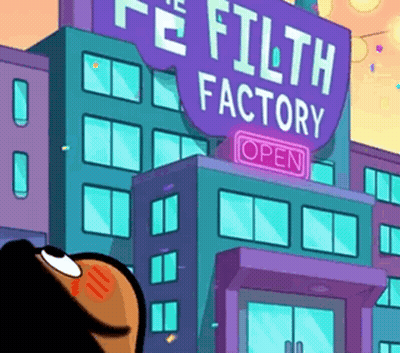 A Cartoon Character Is Standing In Front Of A Building That Says Filth Factory GIF