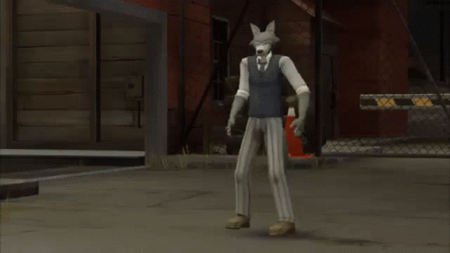A Cartoon Character Is Standing In Front Of A Building Wearing A Vest And Striped Pants . GIF