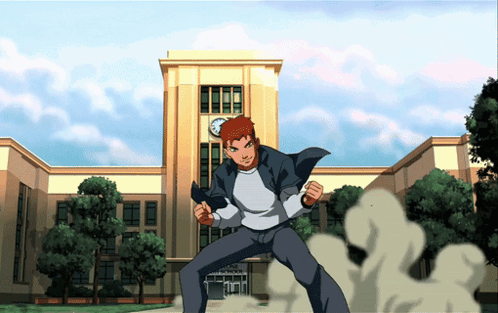 A Cartoon Character Is Standing In Front Of A Building With A Clock On The Top GIF