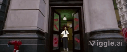 A Cartoon Character Is Standing In Front Of A Building With A Fire Hydrant . GIF