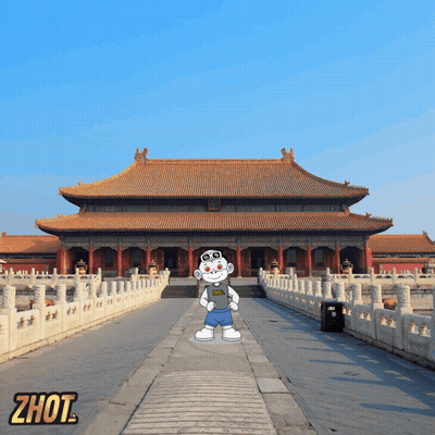 A Cartoon Character Is Standing In Front Of A Building With The Word Zhout On The Bottom Right GIF