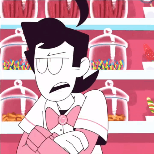 A Cartoon Character Is Standing In Front Of A Candy Store GIF