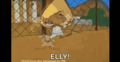 A Cartoon Character Is Standing In Front Of A Chain Link Fence And Says `` Elly '' . GIF
