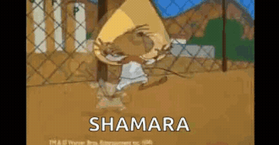 A Cartoon Character Is Standing In Front Of A Chain Link Fence With The Word Shamara Written On The Bottom . GIF