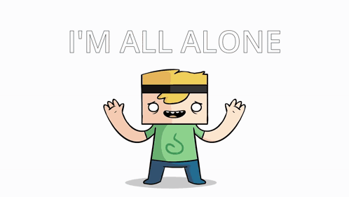 A Cartoon Character Is Standing In Front Of A City With The Words I 'M All Alone Above Him GIF