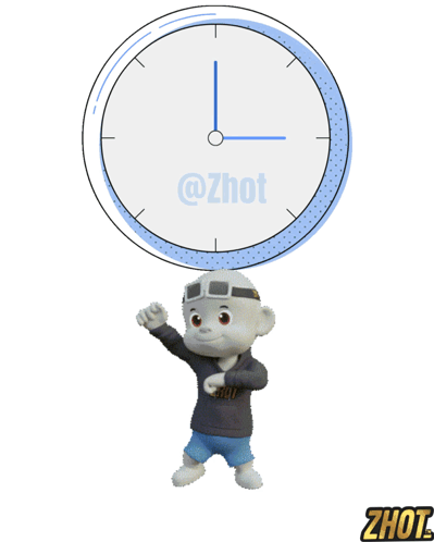 A Cartoon Character Is Standing In Front Of A Clock With @Zhot On It GIF