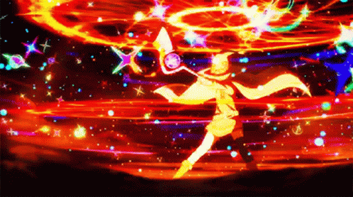 A Cartoon Character Is Standing In Front Of A Colorful Background With A Circle Of Fire . GIF