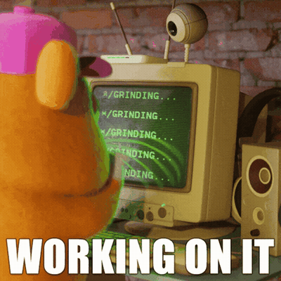 A Cartoon Character Is Standing In Front Of A Computer Screen That Says Grinding On It GIF