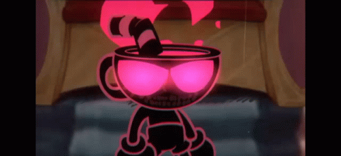 A Cartoon Character Is Standing In Front Of A Cup Of Coffee . GIF