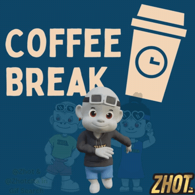 A Cartoon Character Is Standing In Front Of A Cup Of Coffee That Says Coffee Break GIF