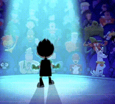 a cartoon character is standing in front of a display of cartoon characters including a dog