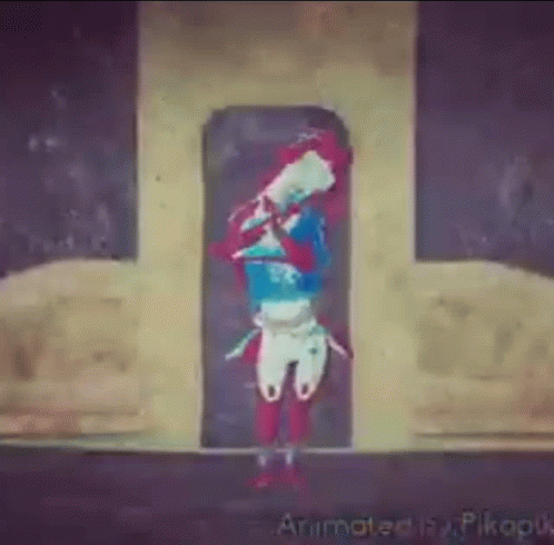 A Cartoon Character Is Standing In Front Of A Door Holding A Sword . GIF