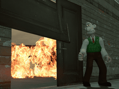 A Cartoon Character Is Standing In Front Of A Door That Is Open And A Fire Is Coming Out Of It GIF