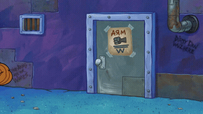 A Cartoon Character Is Standing In Front Of A Door With A Poster Taped To It That Says A9m W GIF