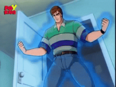A Cartoon Character Is Standing In Front Of A Door With His Arms Outstretched . GIF