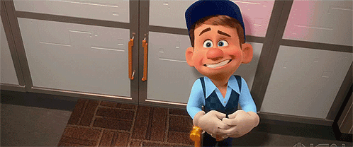 A Cartoon Character Is Standing In Front Of A Door With His Hands Folded GIF