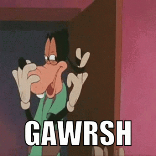 A Cartoon Character Is Standing In Front Of A Door With The Word Gawrsh On It . GIF