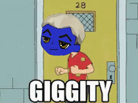 A Cartoon Character Is Standing In Front Of A Door With The Words Giggity On It GIF