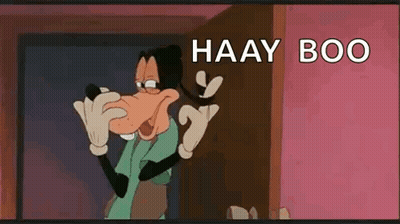 A Cartoon Character Is Standing In Front Of A Door With The Words `` Haay Boo '' Written Above Him . GIF