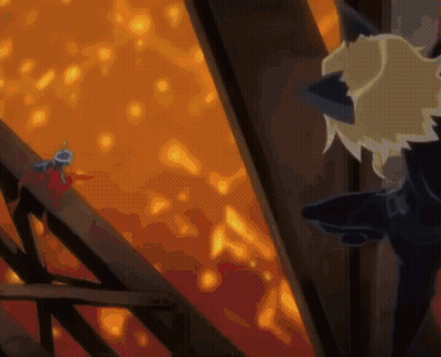 A Cartoon Character Is Standing In Front Of A Fire And Looking At It . GIF