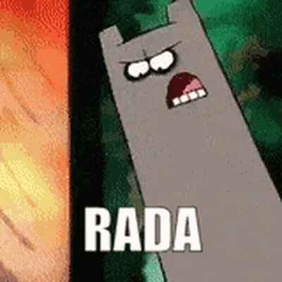 A Cartoon Character Is Standing In Front Of A Fire And The Word Rada Is On The Bottom Of The Image . GIF