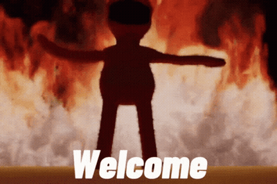 A Cartoon Character Is Standing In Front Of A Fire And The Word Welcome Is On The Bottom Right GIF
