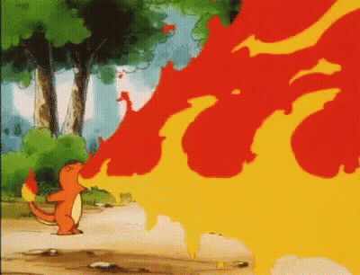 A Cartoon Character Is Standing In Front Of A Fire Coming Out Of His Mouth . GIF