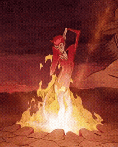 A Cartoon Character Is Standing In Front Of A Fire In The Desert GIF