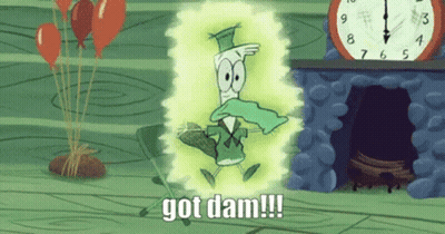 A Cartoon Character Is Standing In Front Of A Fireplace With Balloons And A Clock That Says Got Dam !!! GIF