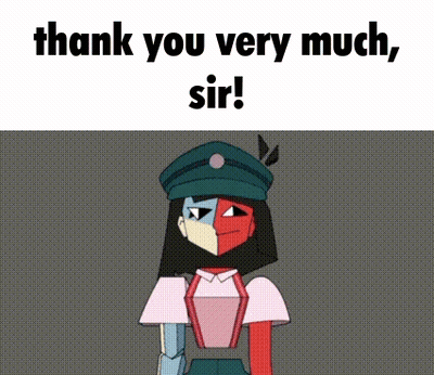 A Cartoon Character Is Standing In Front Of A Gray Background And Says `` Thank You Very Much , Sir ! '' GIF