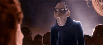A Cartoon Character Is Standing In Front Of A Group Of People And Looking At Them . GIF