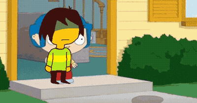 A Cartoon Character Is Standing In Front Of A House With A Blue Haired Girl Behind Him . GIF