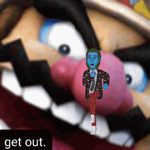 A Cartoon Character Is Standing In Front Of A Large Mouth With The Words Get Out Below It GIF
