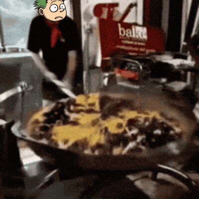 A Cartoon Character Is Standing In Front Of A Large Pizza And A Sign That Says Bake GIF