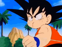 A Cartoon Character Is Standing In Front Of A Mountain And Palm Trees And Is Making A Funny Face . GIF
