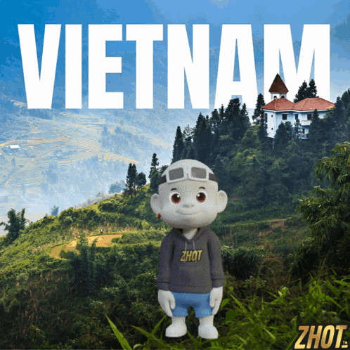 A Cartoon Character Is Standing In Front Of A Mountain With The Word Vietnam Written Above Him GIF