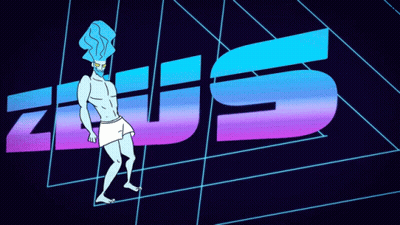 A Cartoon Character Is Standing In Front Of A Neon Sign That Says Zeus GIF