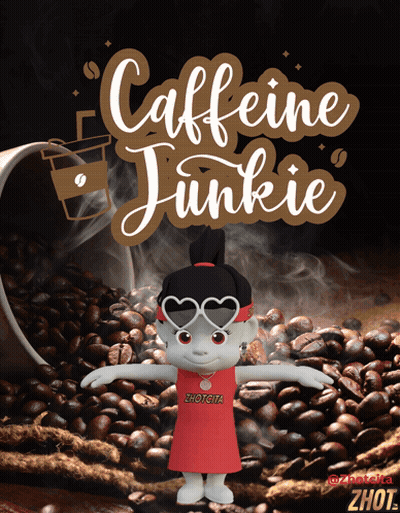 A Cartoon Character Is Standing In Front Of A Pile Of Coffee Beans With The Words Caffeine Junkie Above Her GIF