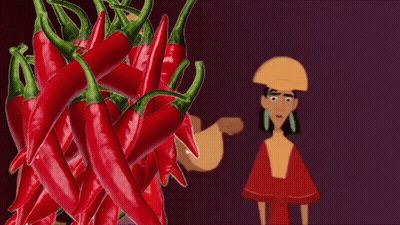 A Cartoon Character Is Standing In Front Of A Pile Of Red Peppers . GIF