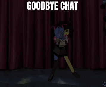 A Cartoon Character Is Standing In Front Of A Pink Curtain With The Words Goodbye Chat On It GIF