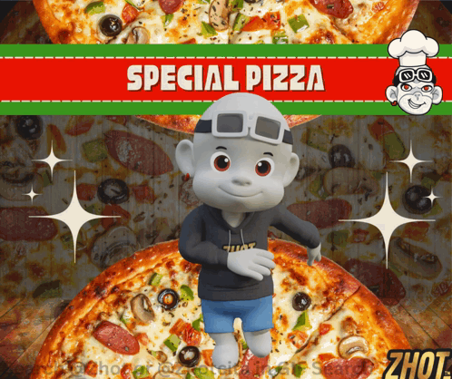 A Cartoon Character Is Standing In Front Of A Pizza With The Words Special Pizza On It GIF