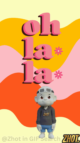 A Cartoon Character Is Standing In Front Of A Poster That Says " Oh La La " GIF
