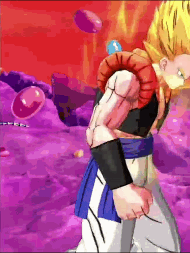 A Cartoon Character Is Standing In Front Of A Purple Background With A Red Background . GIF