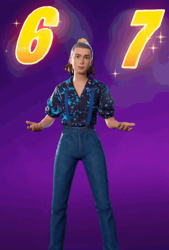 A Cartoon Character Is Standing In Front Of A Purple Background With The Number 6 And 7 Behind Her GIF