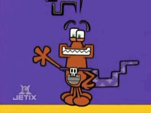 A Cartoon Character Is Standing In Front Of A Purple Background With The Word Jetix On The Bottom . GIF