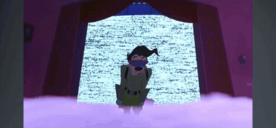 A Cartoon Character Is Standing In Front Of A Purple Curtain GIF